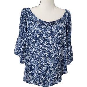 Verse Blouse Size M Blue Multi Off Shoulder Bell 3/4 Sleeves